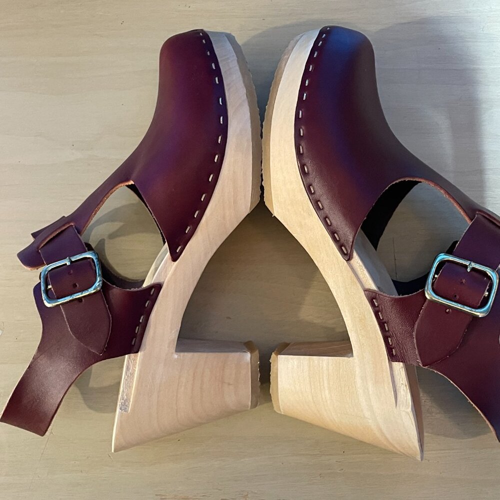 Bryr Oxblood T-Strap High Heeled Clogs - Picture 6 of 8